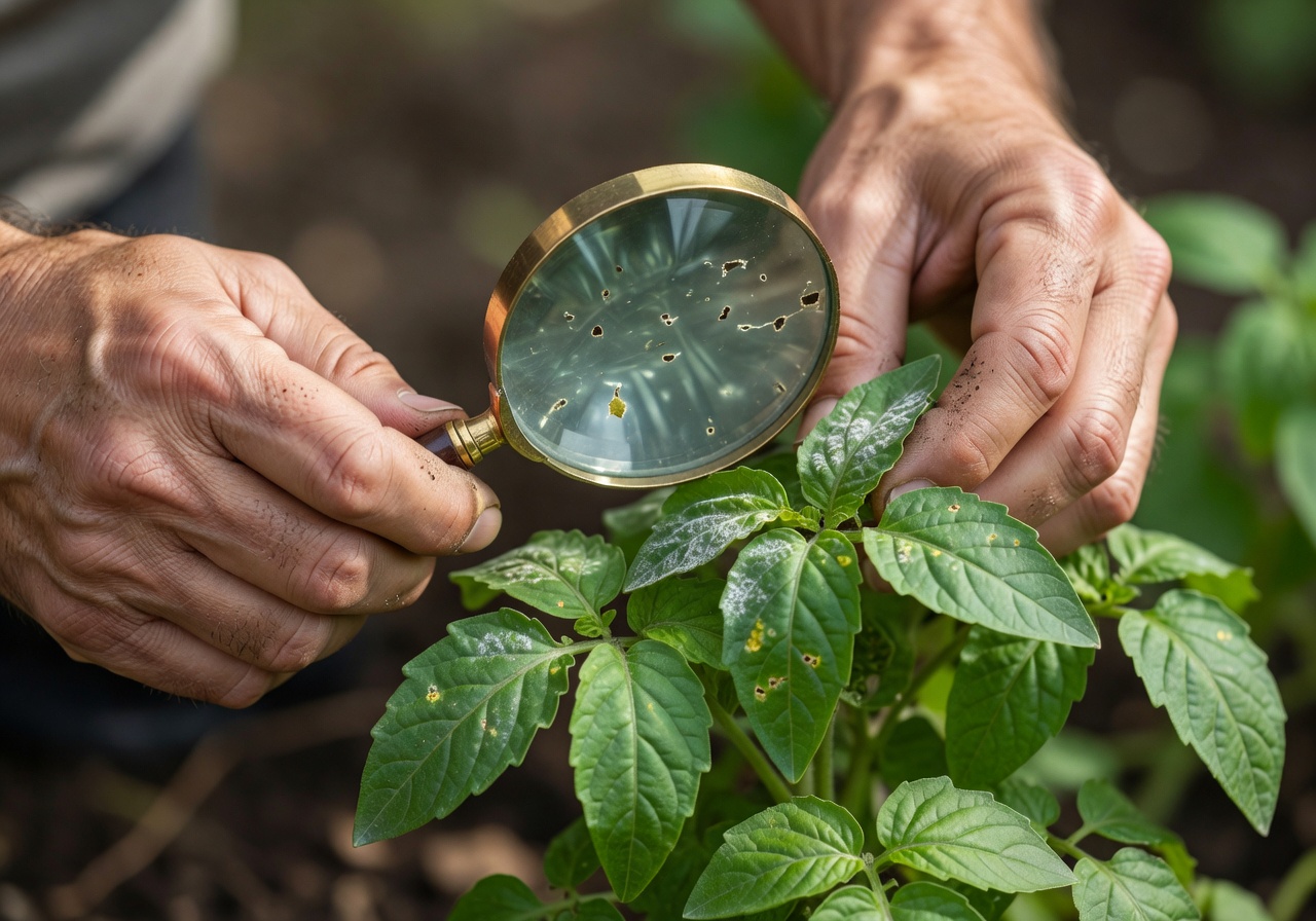 Close-up of hands using a magnifying glass to examine plant leaves for pest damage and disease signs