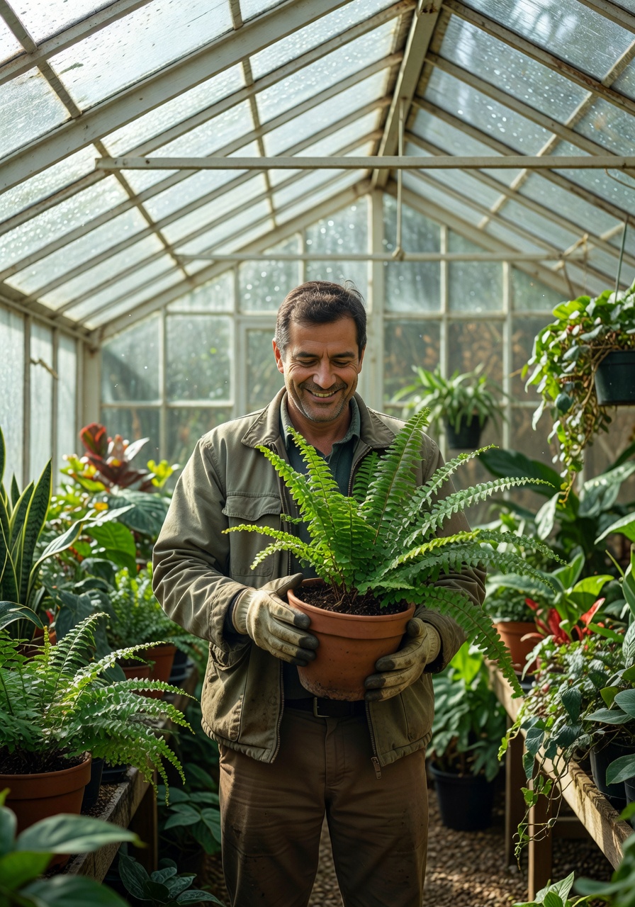 Founder of Mobile Plant Hospital smiling while examining a potted fern in a greenhouse setting