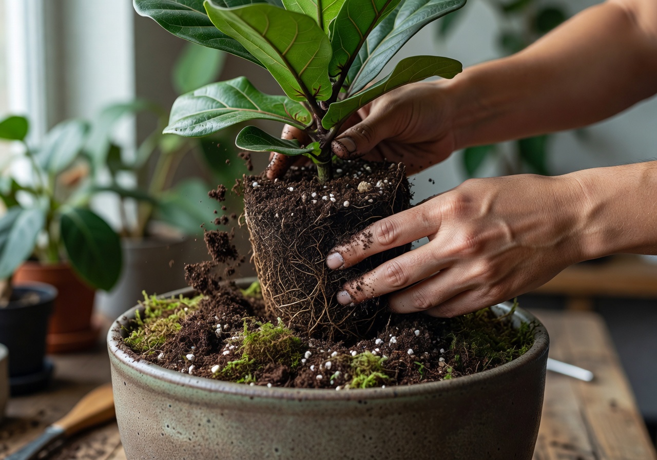 Hands carefully repotting a large houseplant into a new ceramic pot with fresh premium soil mix