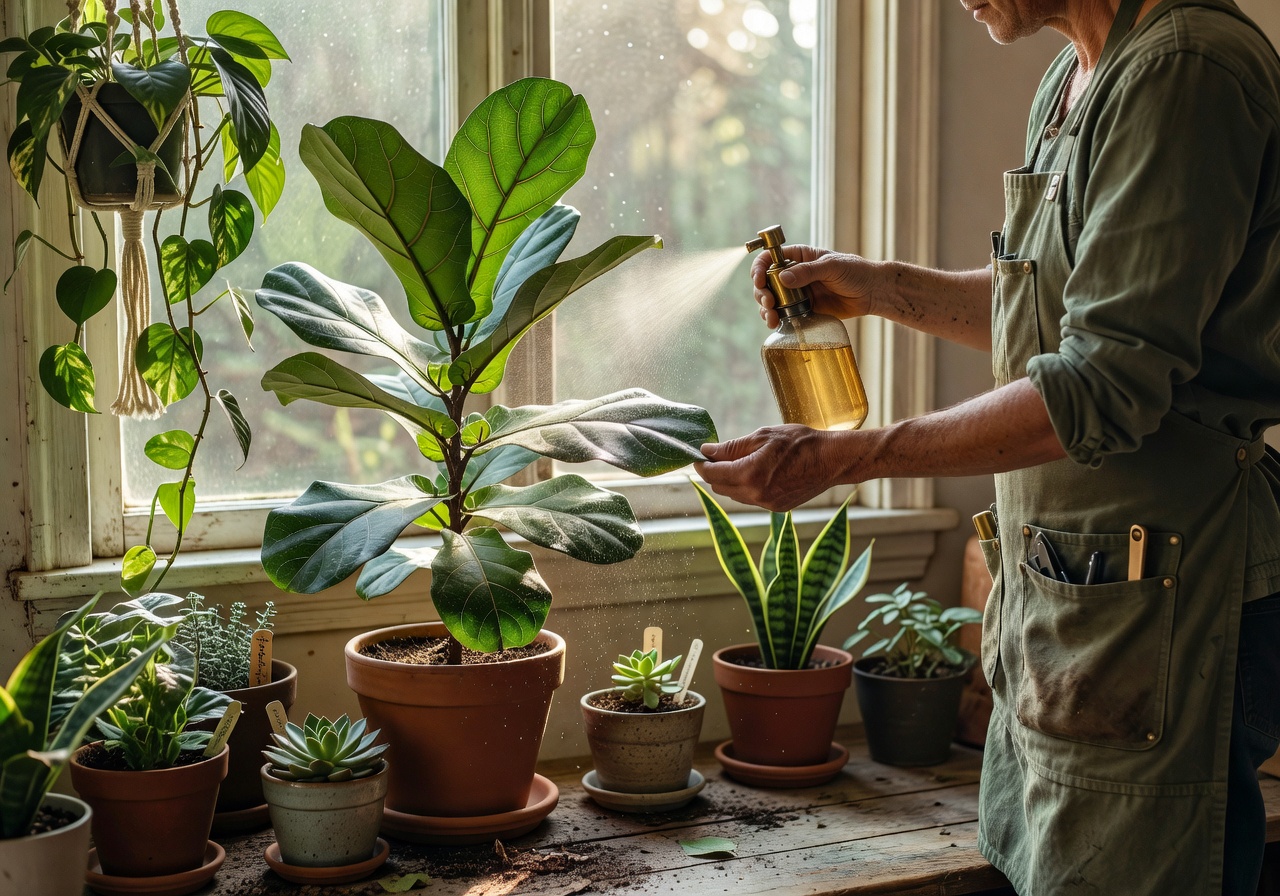 Plant care specialist applying organic treatment spray to indoor potted plants near a window