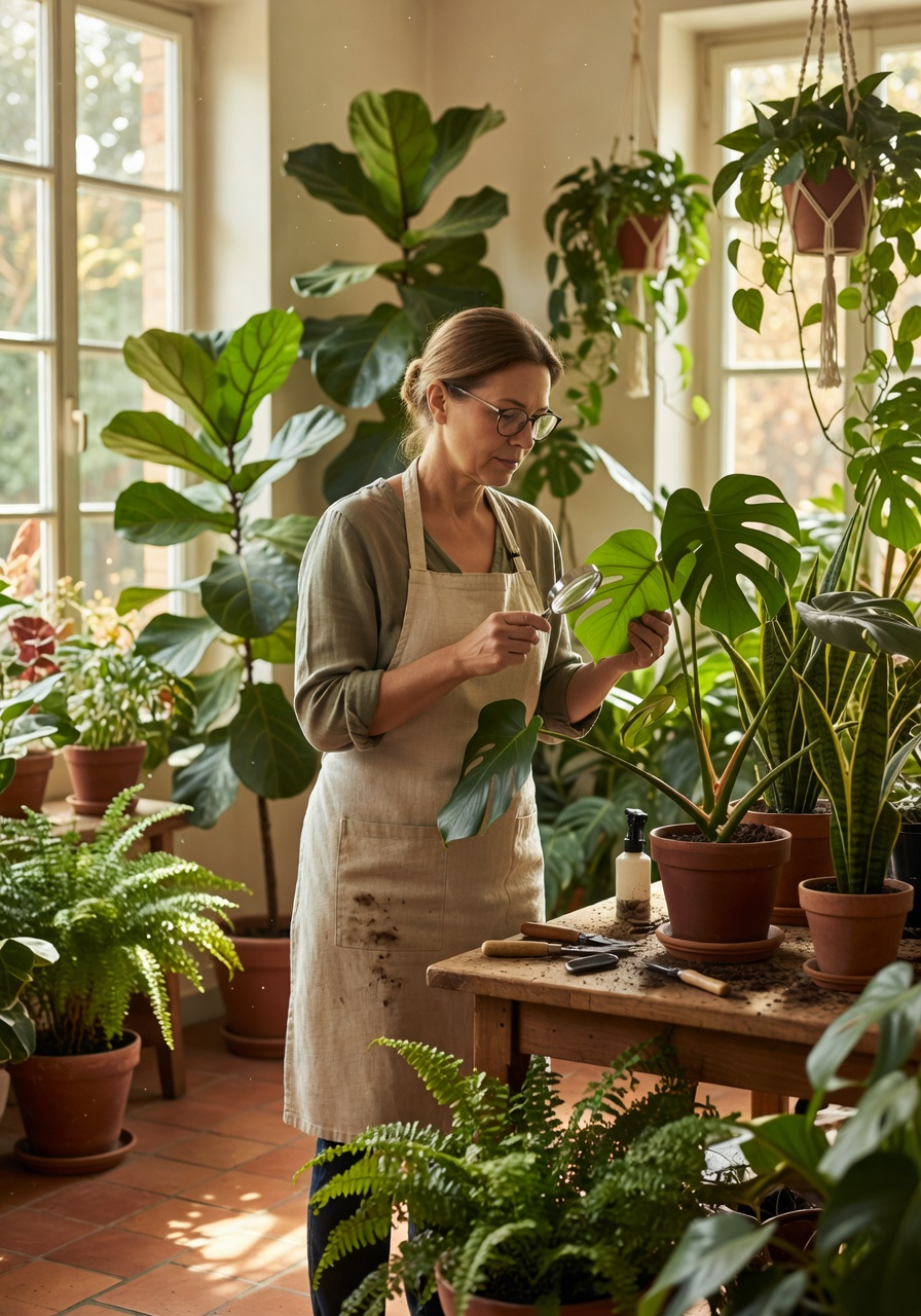 Plant doctor carefully tending to healthy green plants in a bright sunlit indoor garden room