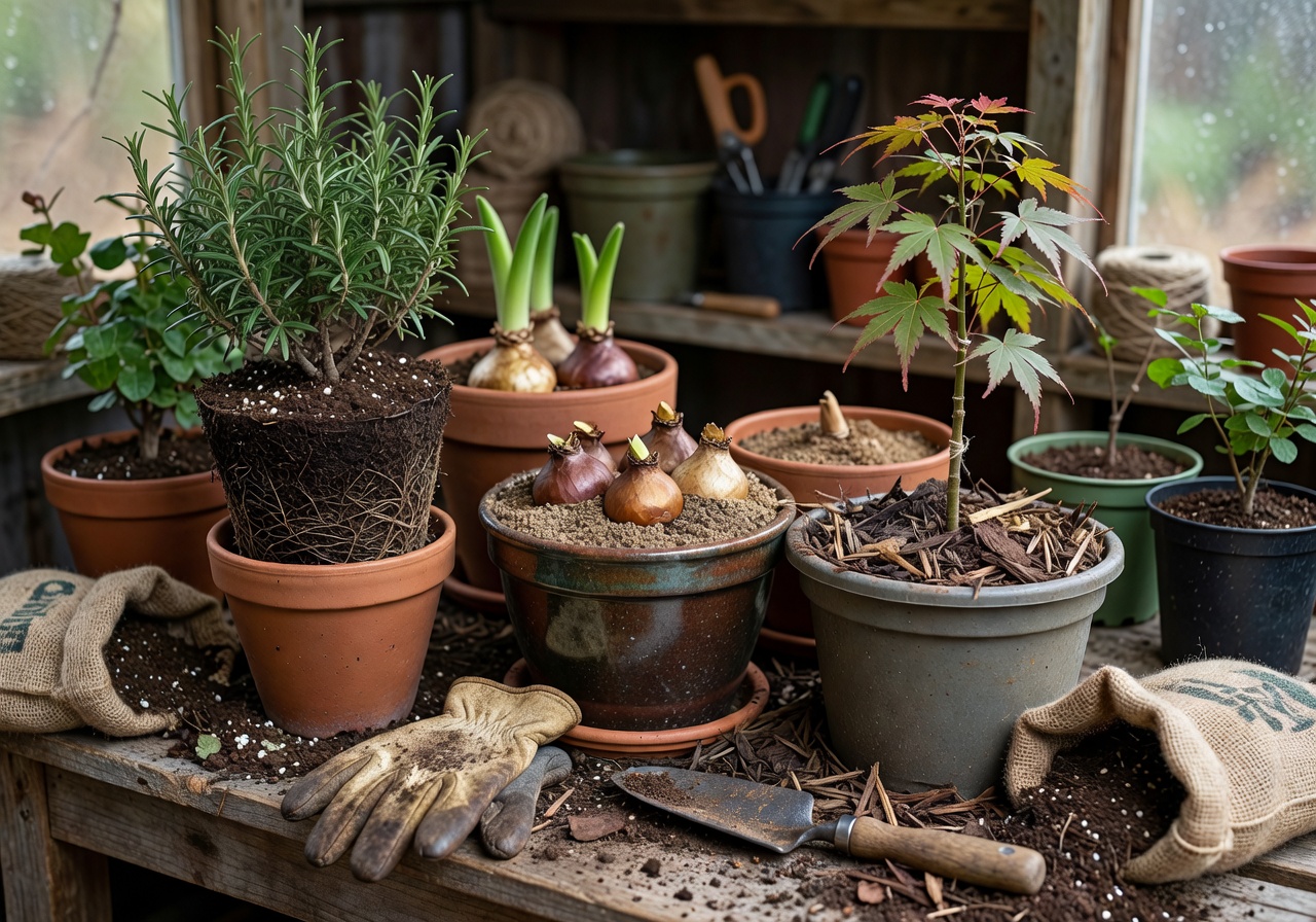 Seasonal plant care arrangement showing different plants being prepared for winter with proper soil and containers